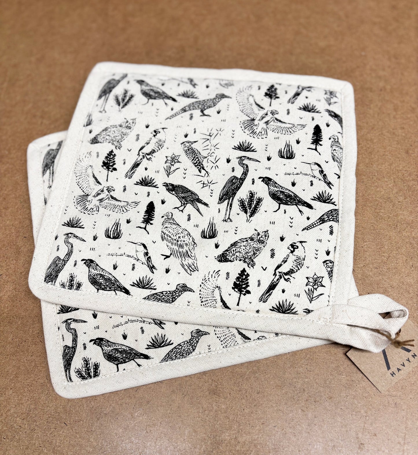 Pot Holder Set of 2 Hand Screen Printed Natural - Prey Birds
