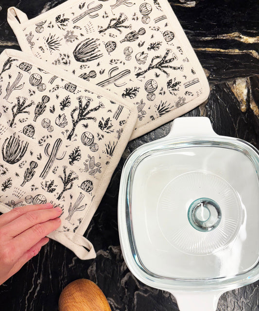 Pot Holder Set of 2 Hand Screen Printed Natural - Desert Cactus