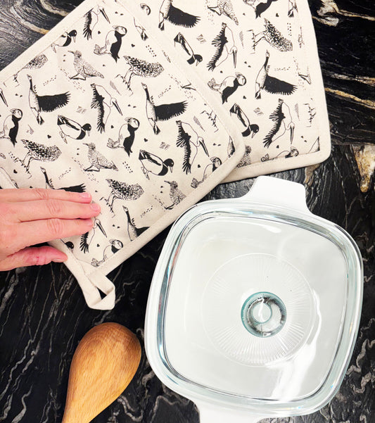 Pot Holder Set of 2 Hand Screen Printed Natural - Canada Birds