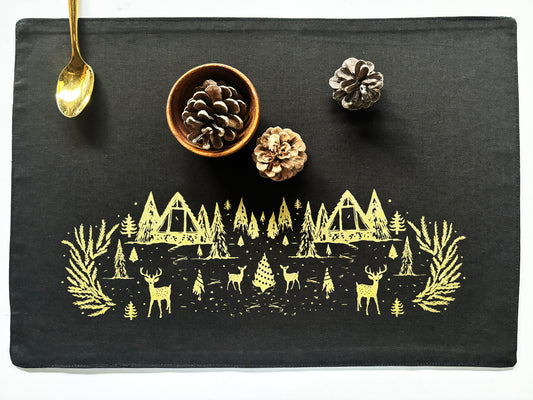 Winter Scene Gold Placemats Black Cotton Canvas 13x19 Set of 2