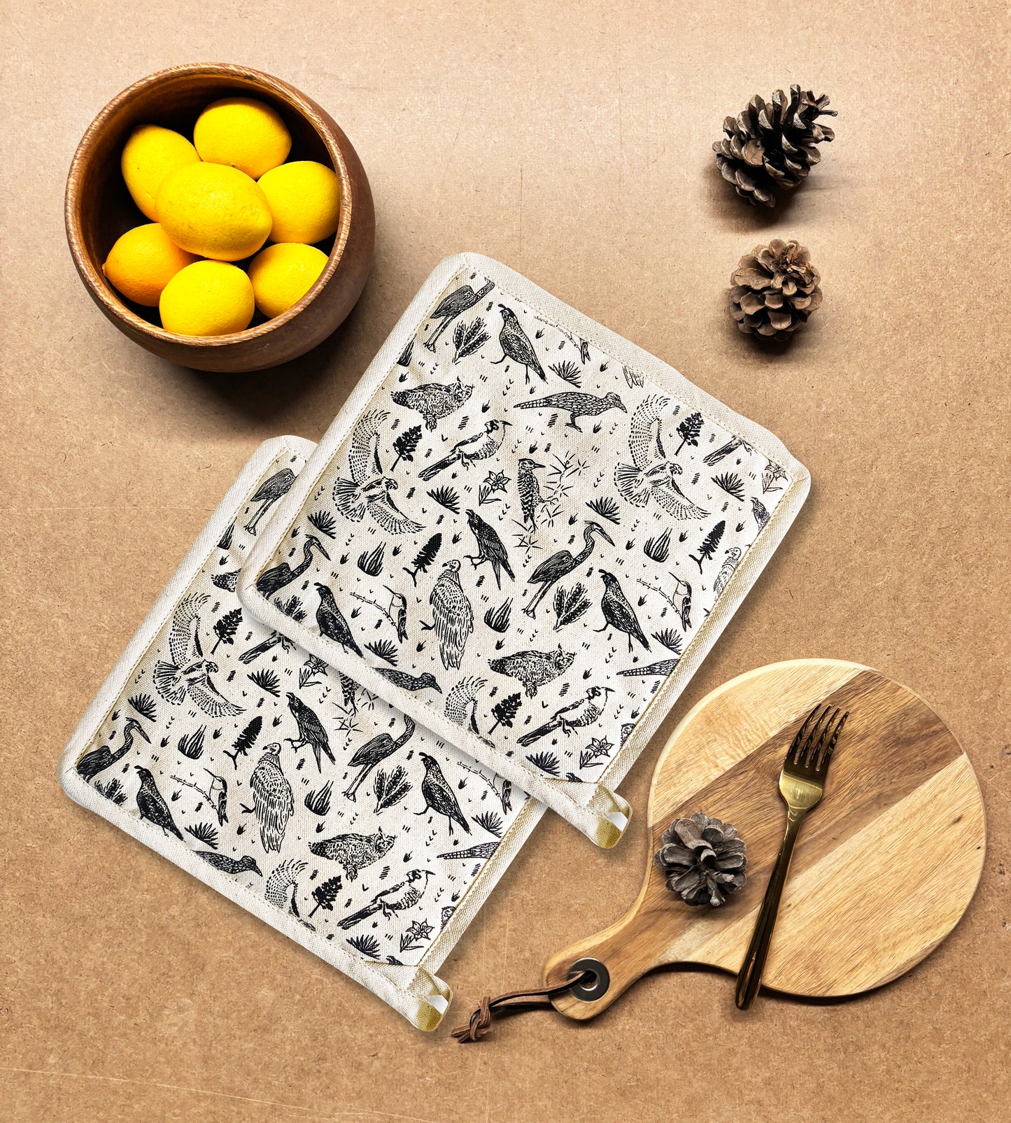 Pot Holder Set of 2 Hand Screen Printed Natural - Prey Birds