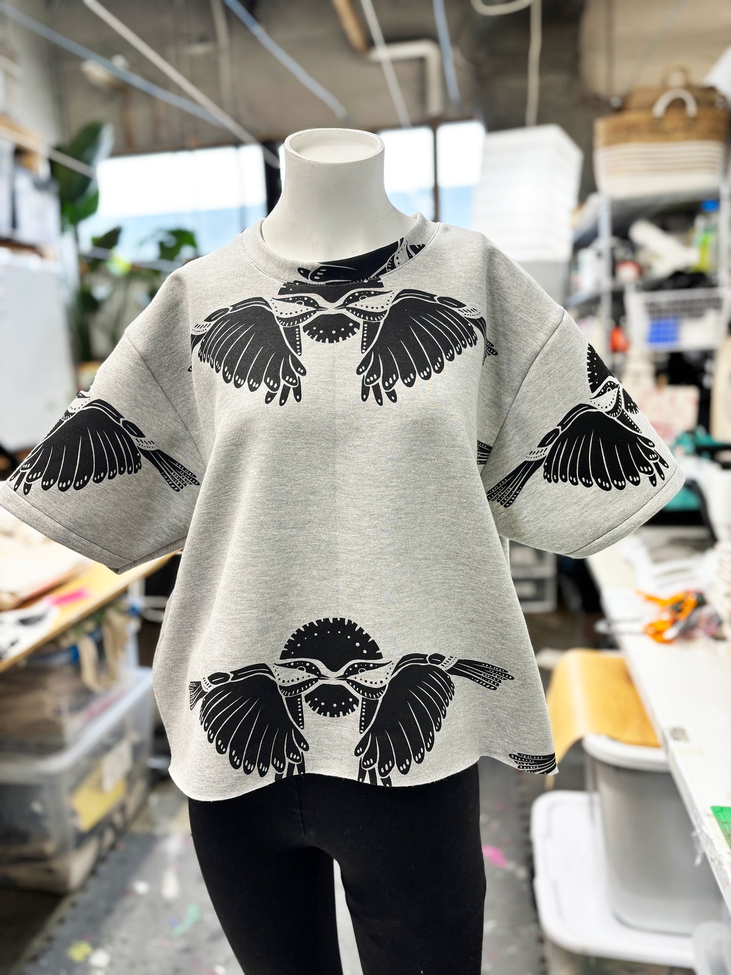 Grey Fleece Short Sleeve Sweatshirt - 2 Birds 001 - Hand Printed - One of a Kind - Apparel