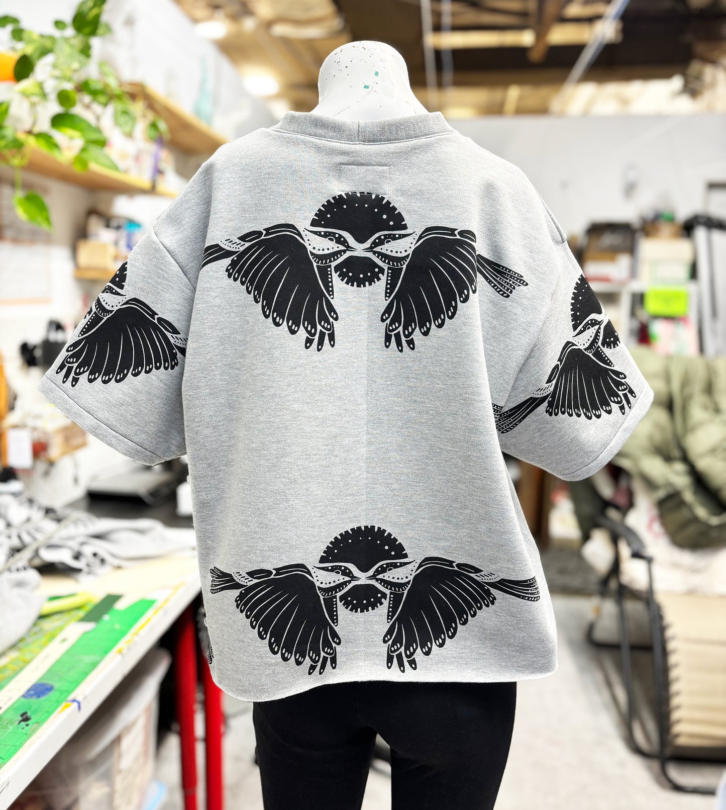 Grey Fleece Short Sleeve Sweatshirt - 2 Birds 001 - Hand Printed - One of a Kind - Apparel