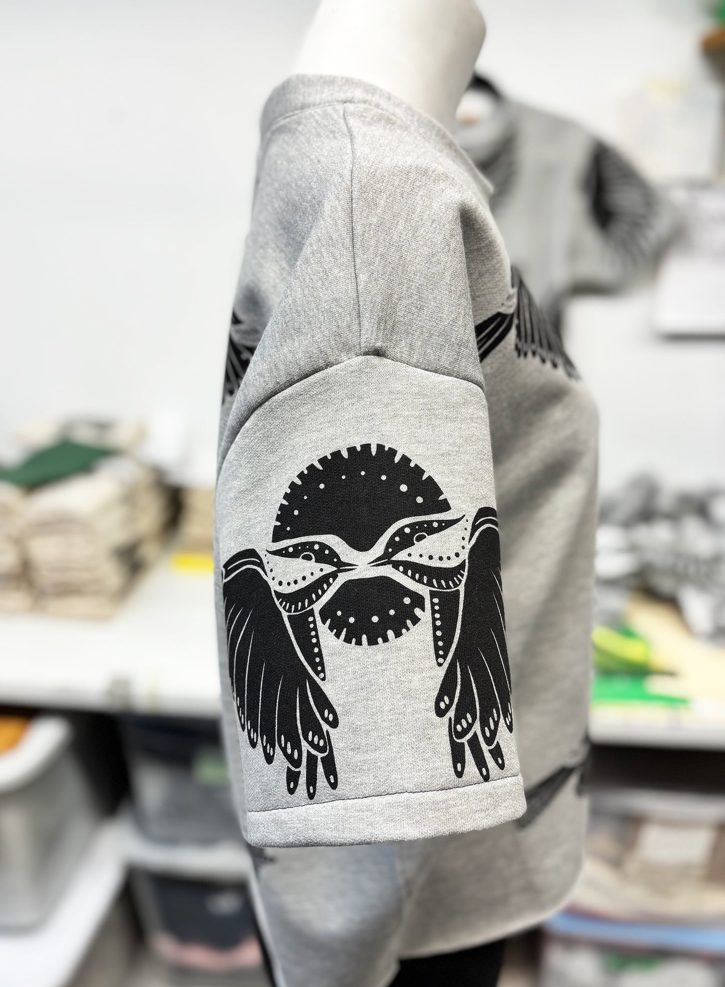 Grey Fleece Short Sleeve Sweatshirt - 2 Birds 001 - Hand Printed - One of a Kind - Apparel