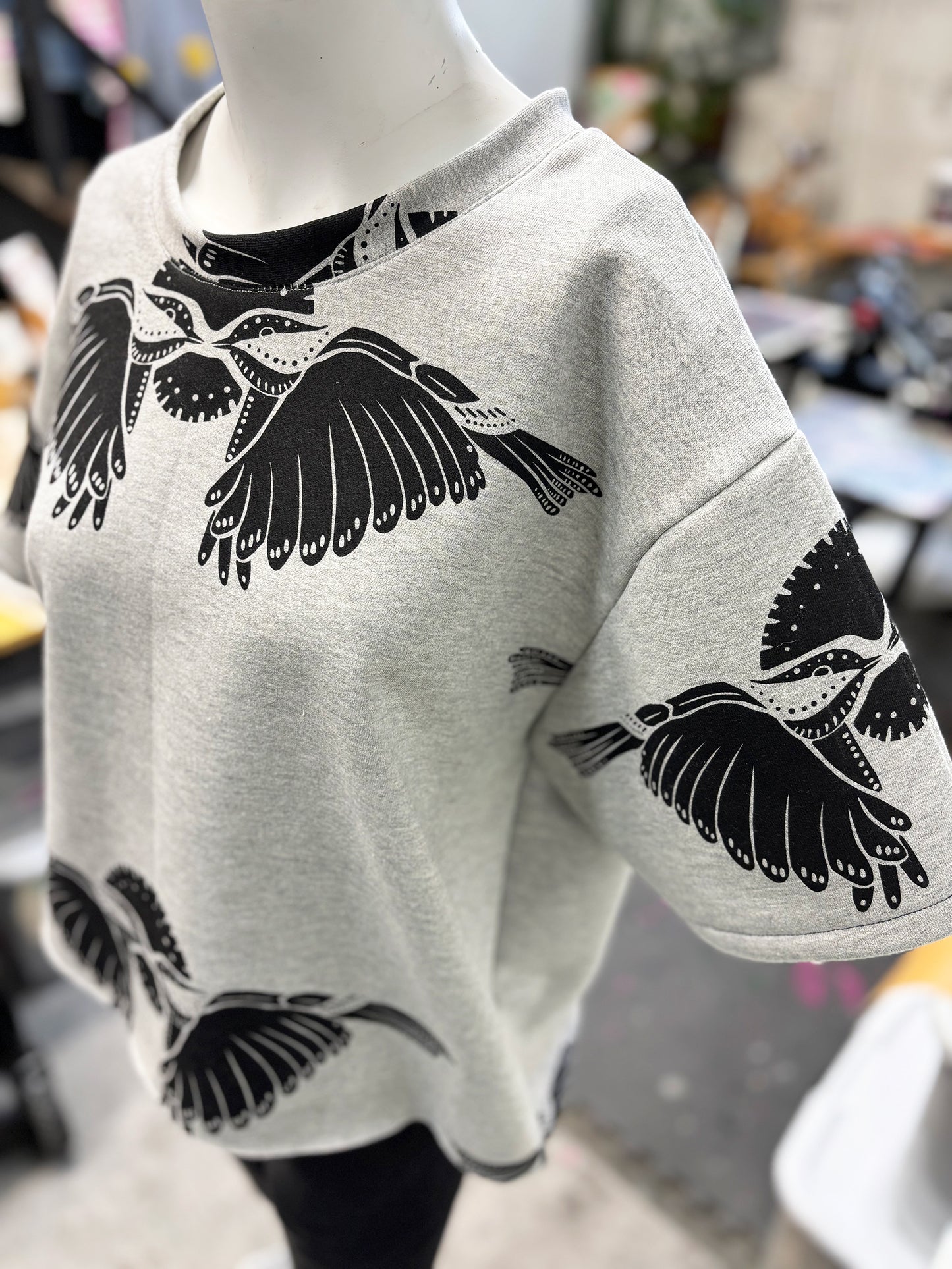 Grey Fleece Short Sleeve Sweatshirt - 2 Birds 001 - Hand Printed - One of a Kind - Apparel