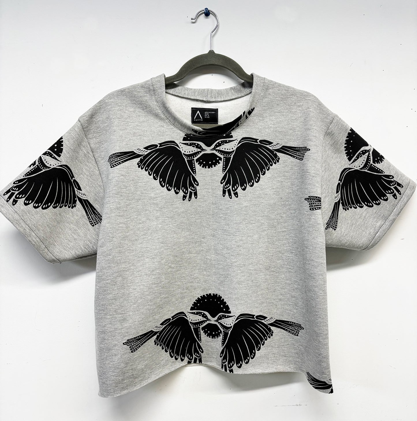 Grey Fleece Short Sleeve Sweatshirt - 2 Birds 001 - Hand Printed - One of a Kind - Apparel