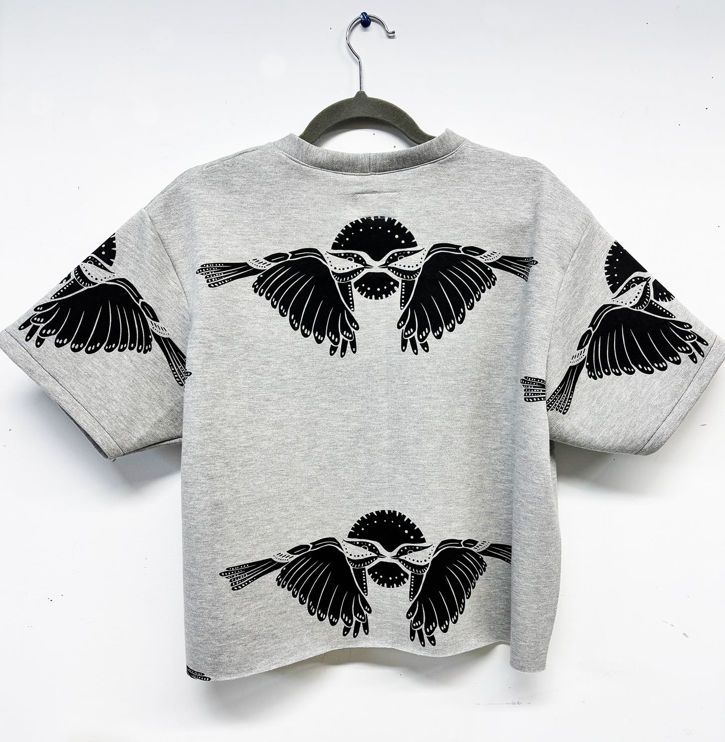 Grey Fleece Short Sleeve Sweatshirt - 2 Birds 001 - Hand Printed - One of a Kind - Apparel