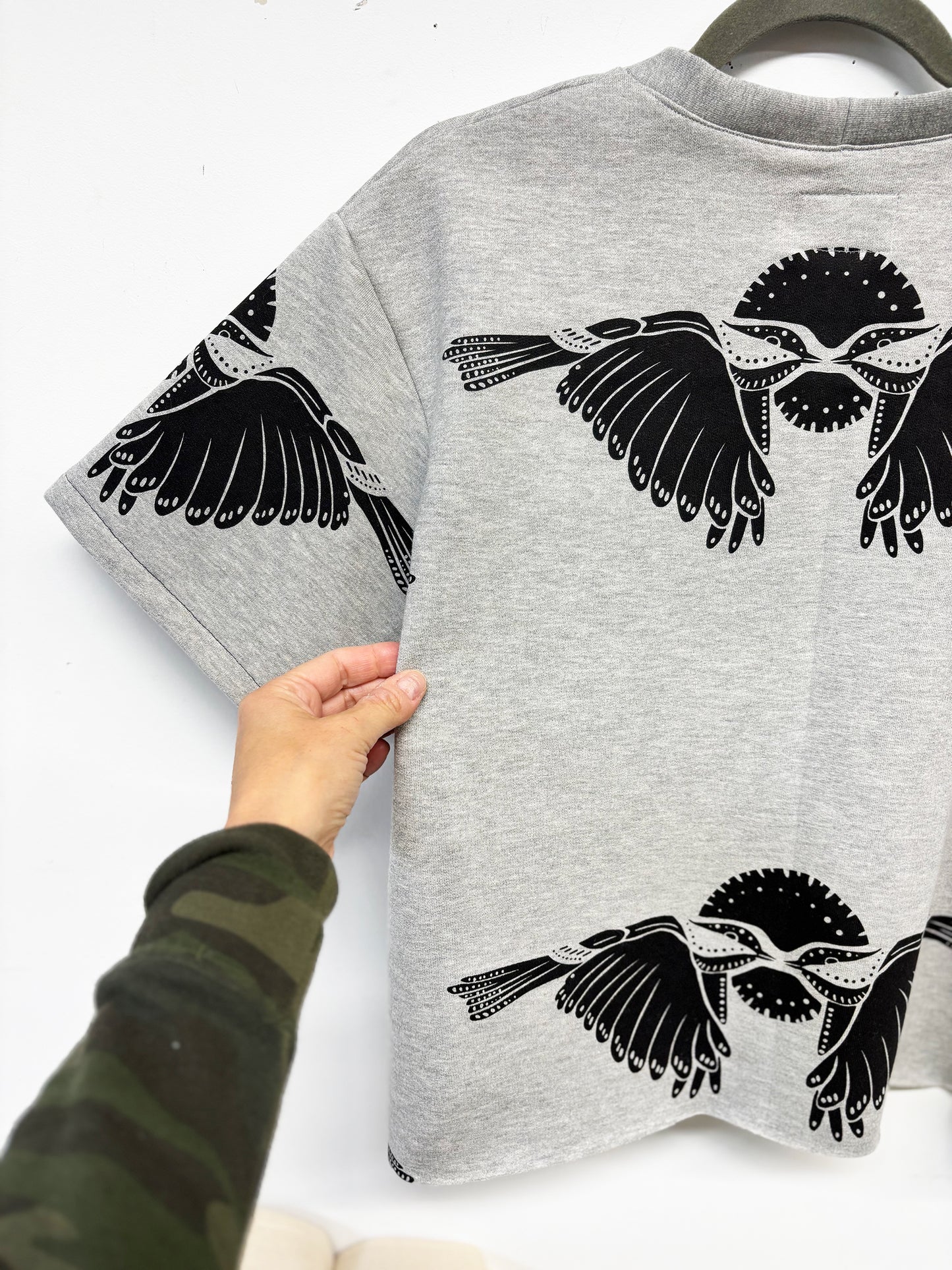 Grey Fleece Short Sleeve Sweatshirt - 2 Birds 001 - Hand Printed - One of a Kind - Apparel