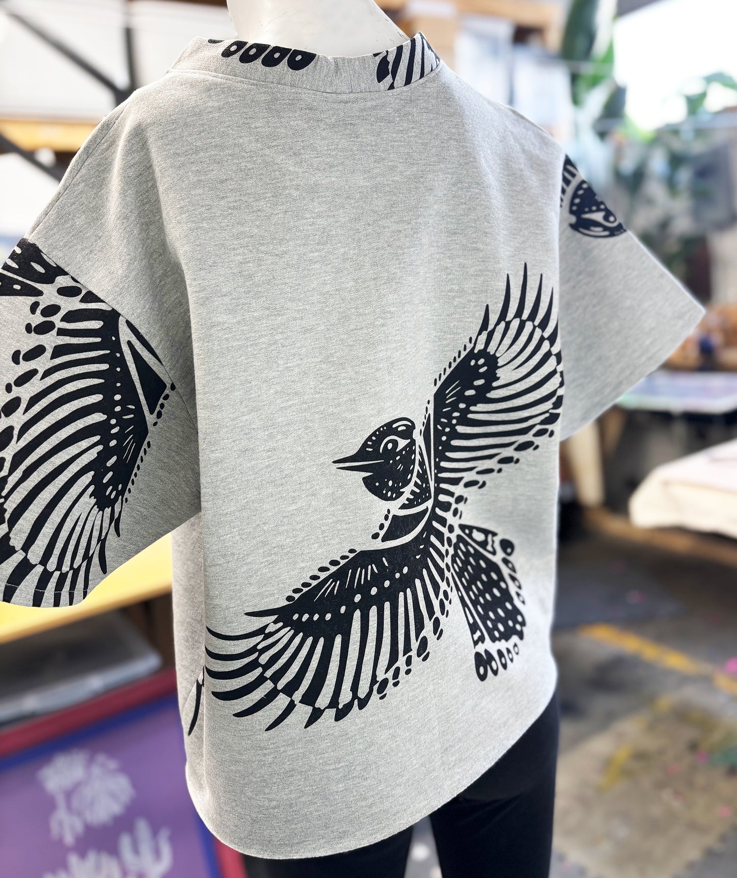 Grey Fleece Short Sleeve Sweatshirt - Giant Birds 001 - Hand Printed - One of a Kind - Apparel