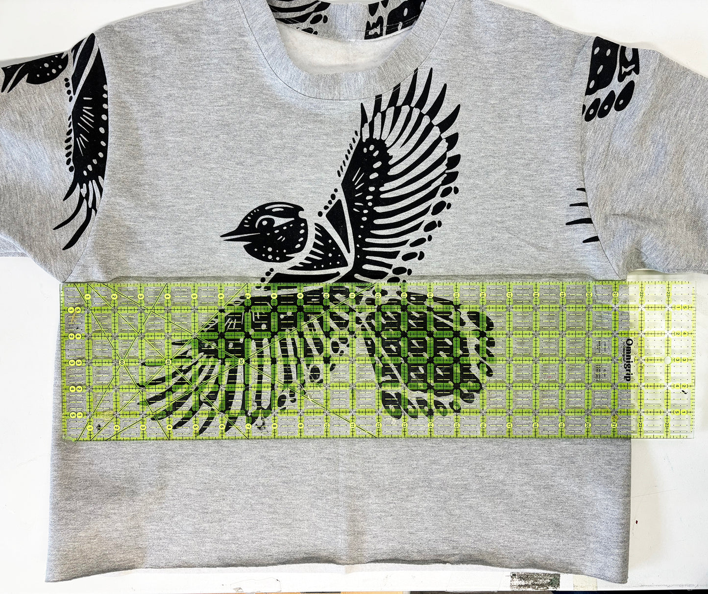 Grey Fleece Short Sleeve Sweatshirt - Giant Birds 001 - Hand Printed - One of a Kind - Apparel