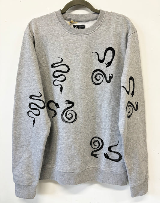 Grey Crewneck - Black Snakes - Hand Printed - One of a Kind - Apparel