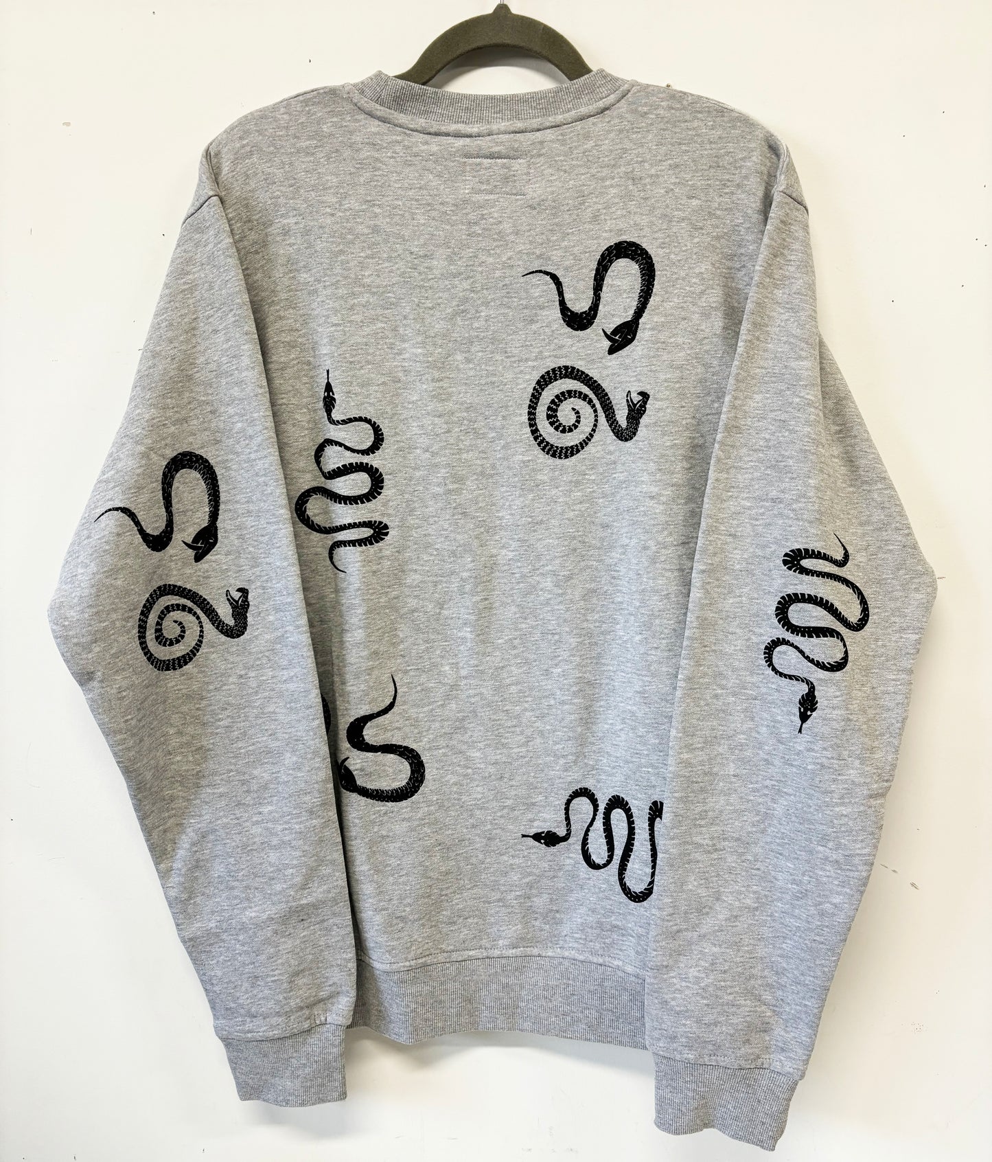 Grey Crewneck - Black Snakes - Hand Printed - One of a Kind - Apparel