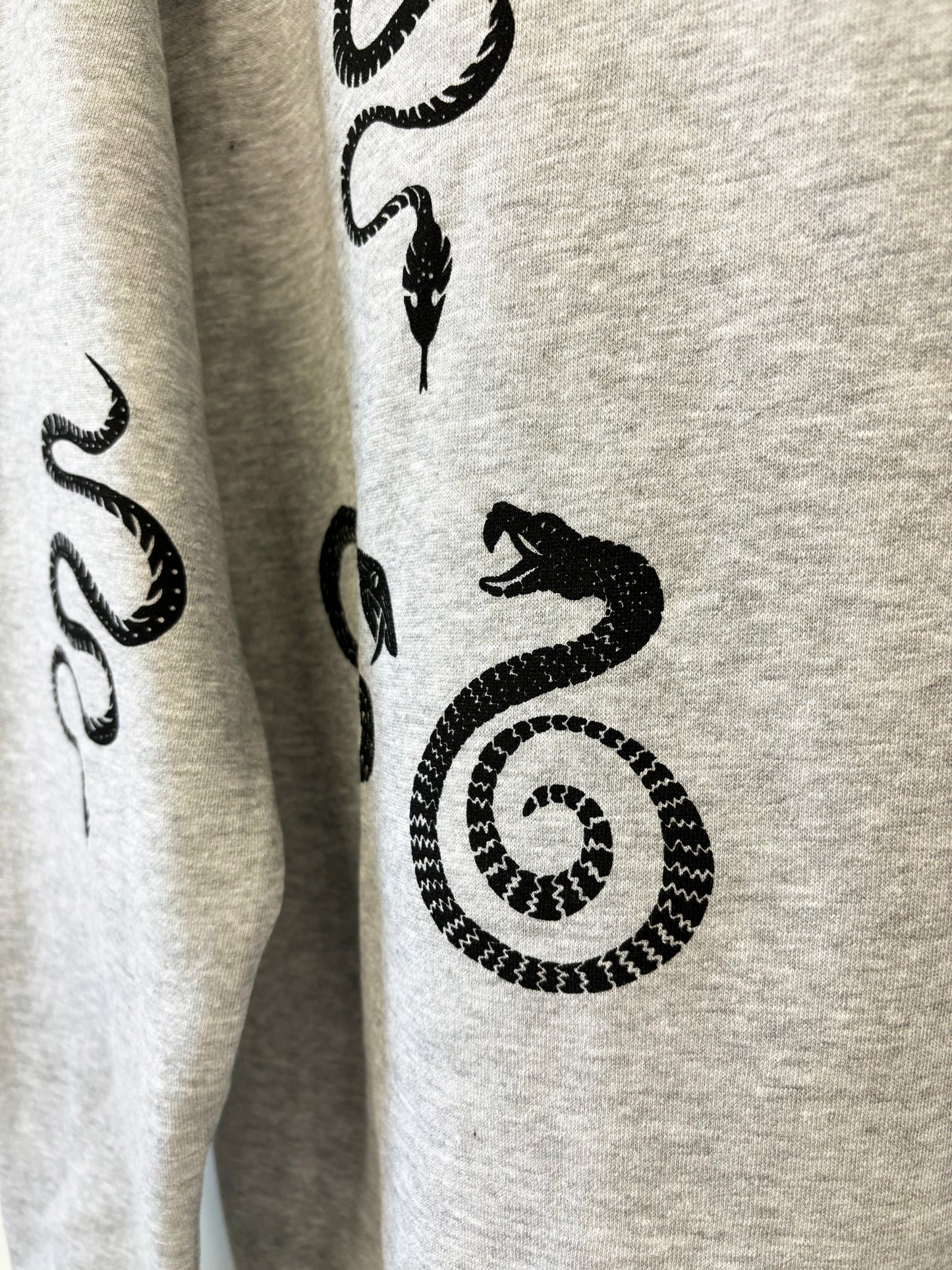 Grey Crewneck - Black Snakes - Hand Printed - One of a Kind - Apparel