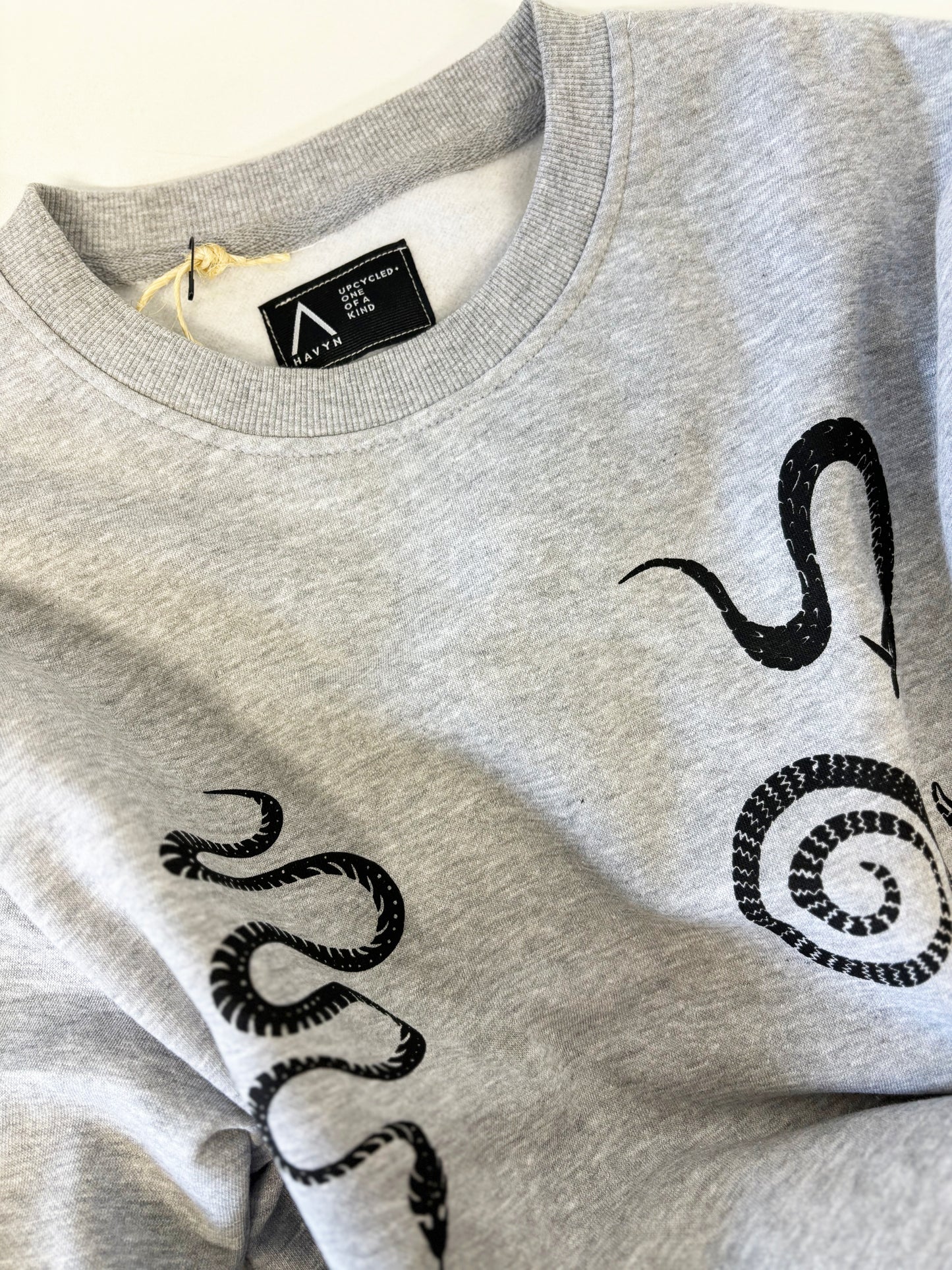 Grey Crewneck - Black Snakes - Hand Printed - One of a Kind - Apparel