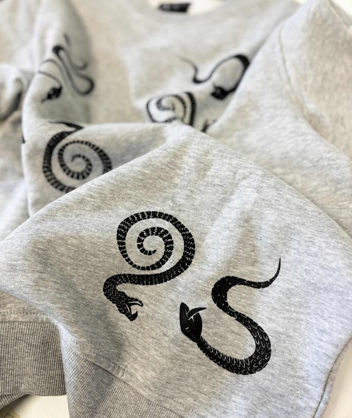 Grey Crewneck - Black Snakes - Hand Printed - One of a Kind - Apparel