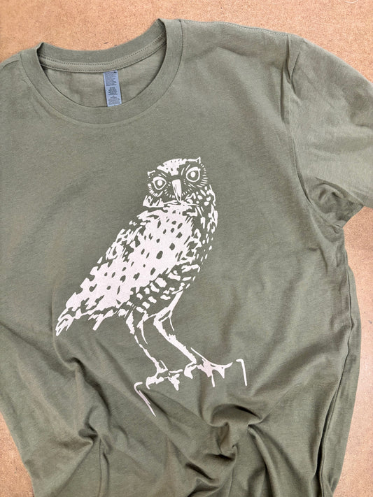 Tshirt Limited Edition Burrowing Owl Original Screen Print Green - Adult Unisex