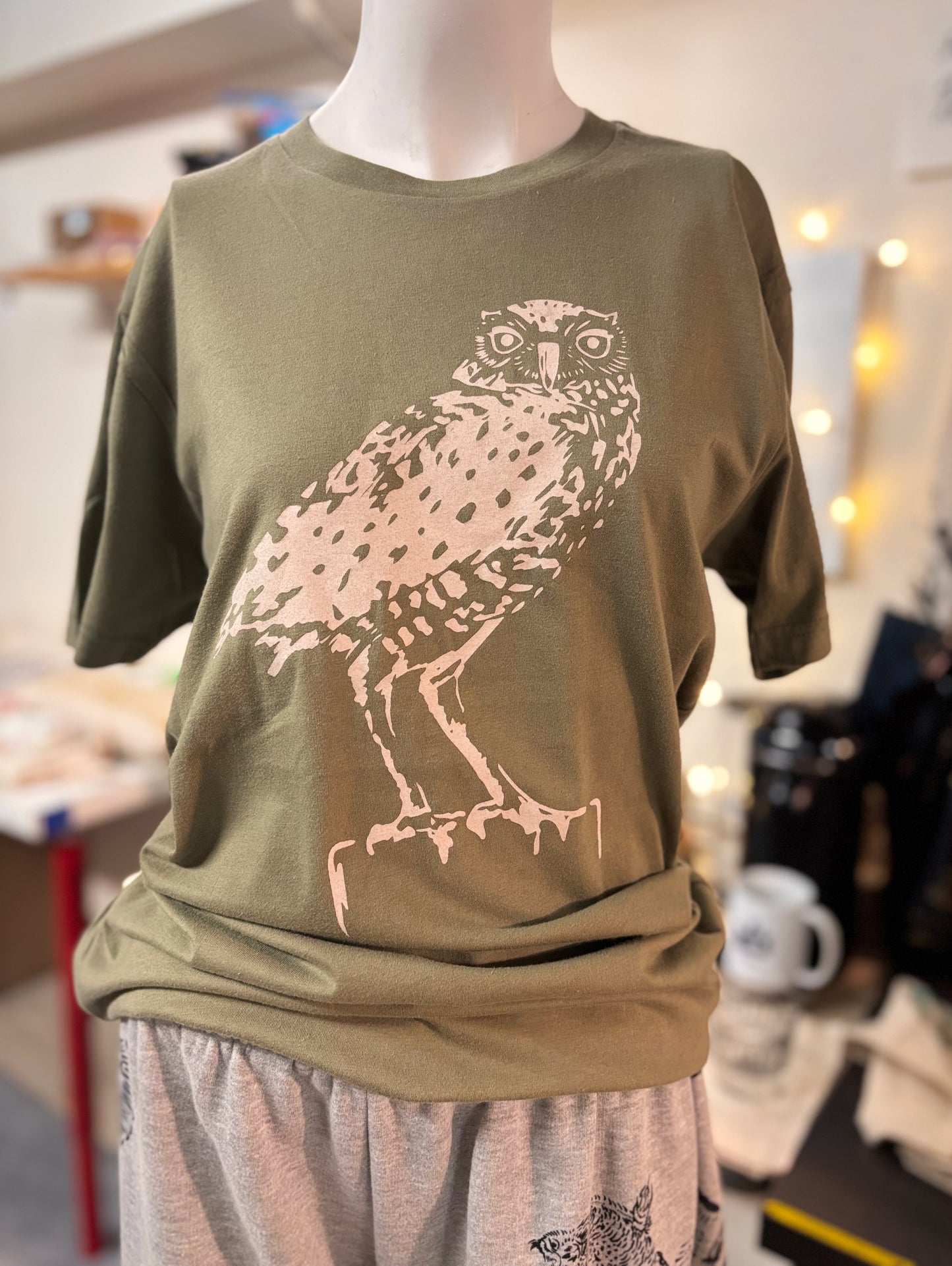 Tshirt Limited Edition Burrowing Owl Original Screen Print Green - Adult Unisex