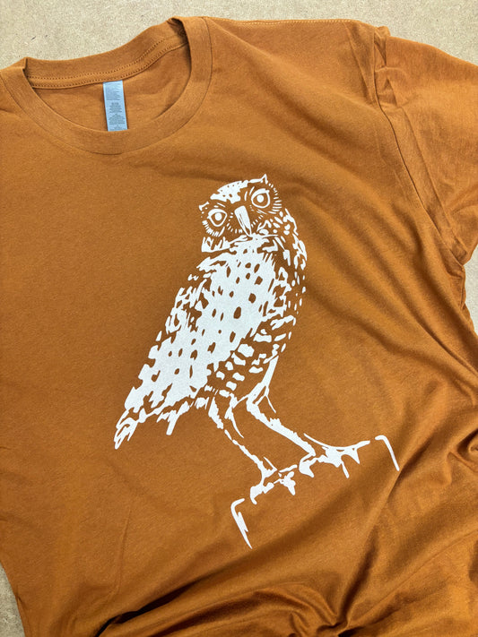 Tshirt Limited Edition Burrowing Owl Original Screen Print Rust - Adult Unisex
