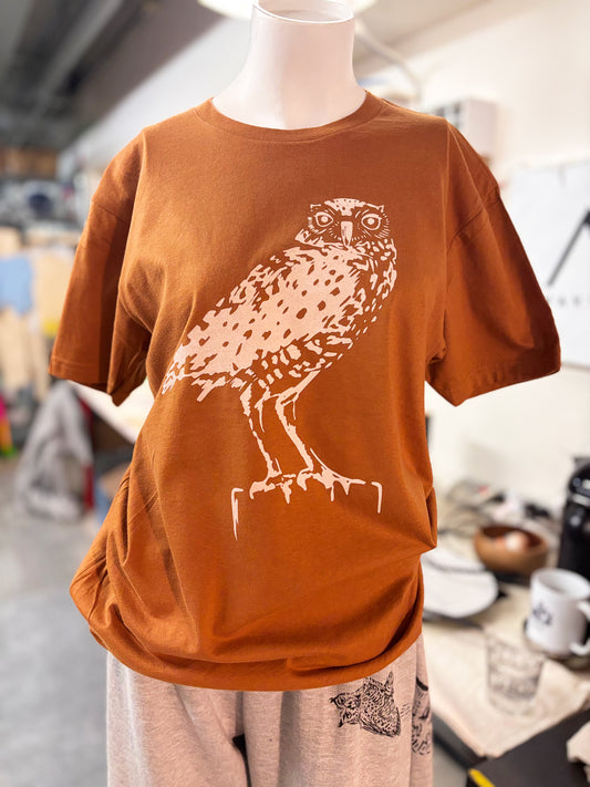 Tshirt Limited Edition Burrowing Owl Original Screen Print Rust - Adult Unisex
