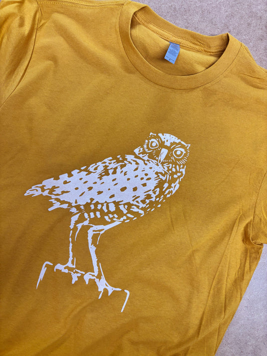 Tshirt Limited Edition Burrowing Owl Original Screen Print Mustard Yellow - Adult Unisex
