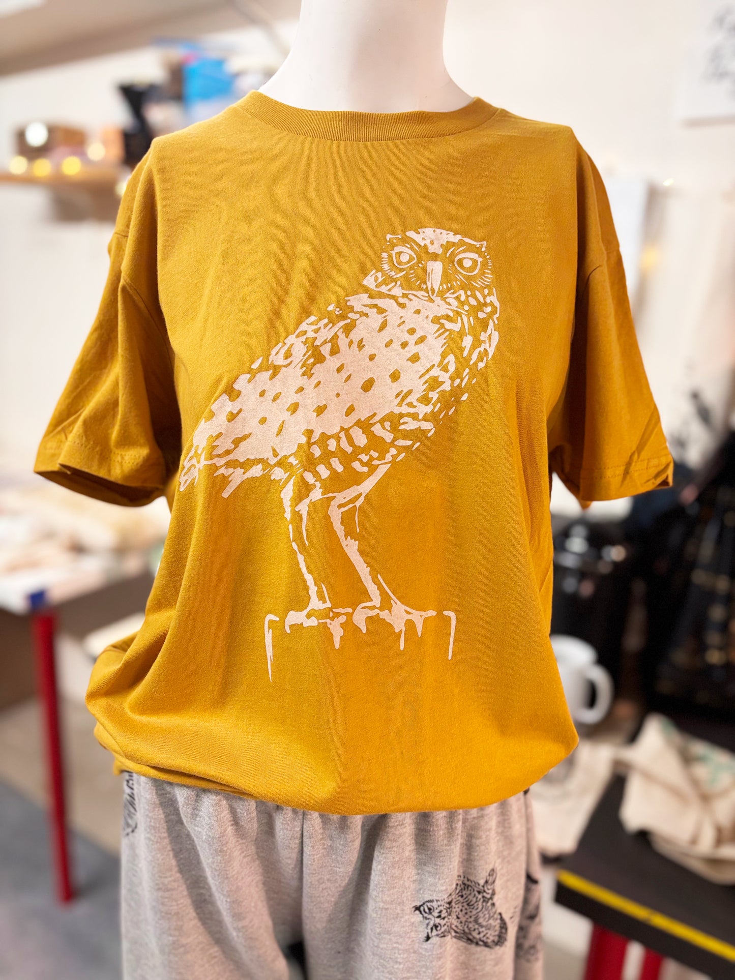 Tshirt Limited Edition Burrowing Owl Original Screen Print Mustard Yellow - Adult Unisex