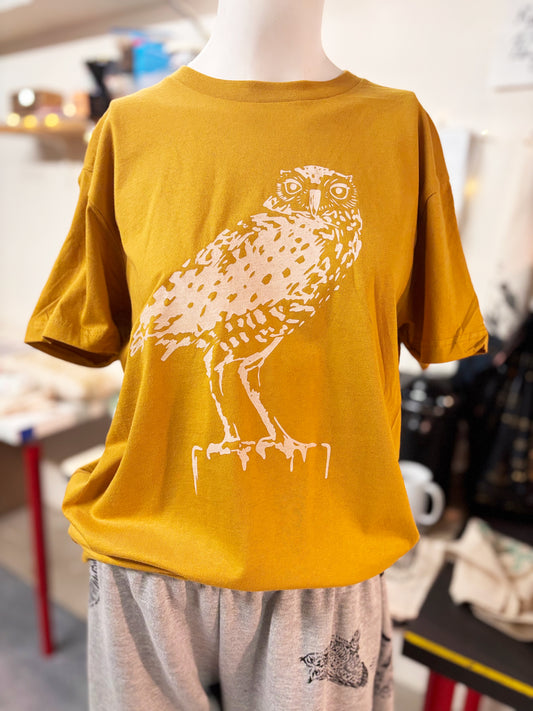 Tshirt Limited Edition Burrowing Owl Original Screen Print Mustard Yellow - Adult Unisex