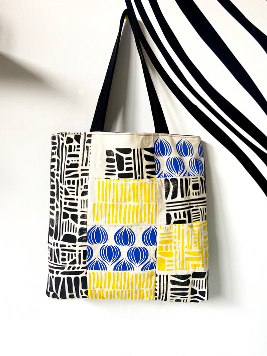 One of a Kind Tote Bag | Hand Made and Printed | Black, Blue, Yellow, Gold - 01