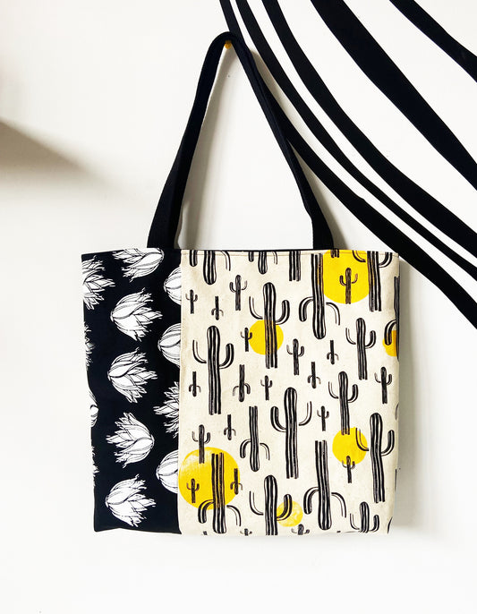 One of a Kind Tote Bag | Hand Made and Printed | Cactus Yellow Black - 02