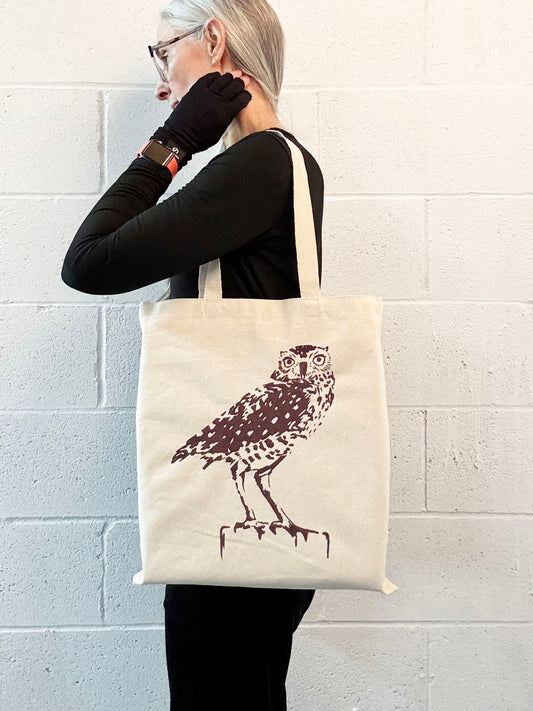 Burrowing Owl Hand Printed Every Day Cotton Tote