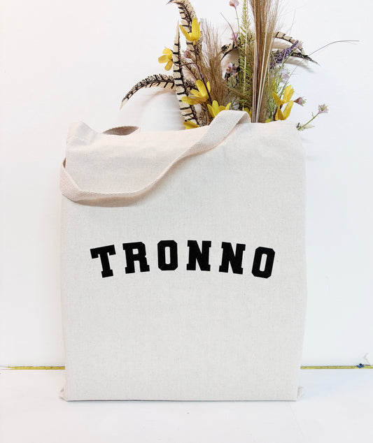 close up of TRONNO tote bag made of cotton canvas and hand screen printed by Paula of havyn 