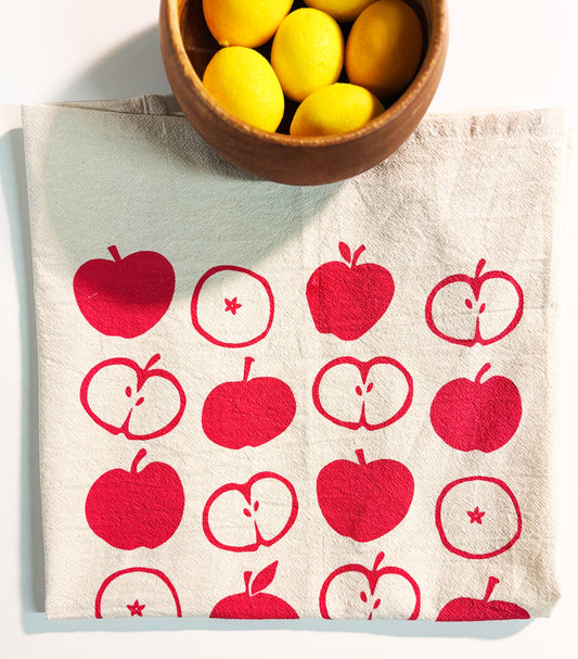 Apples Red Hand Printed Organic Tea Towel