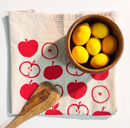 Apples Red Hand Printed Organic Tea Towel