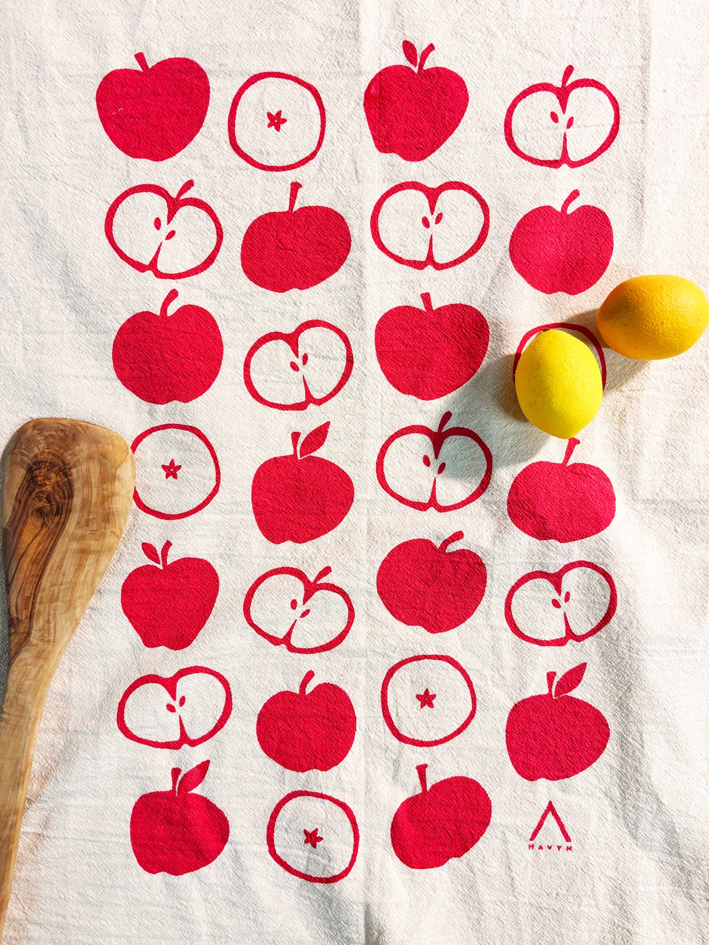 Apples Red Hand Printed Organic Tea Towel