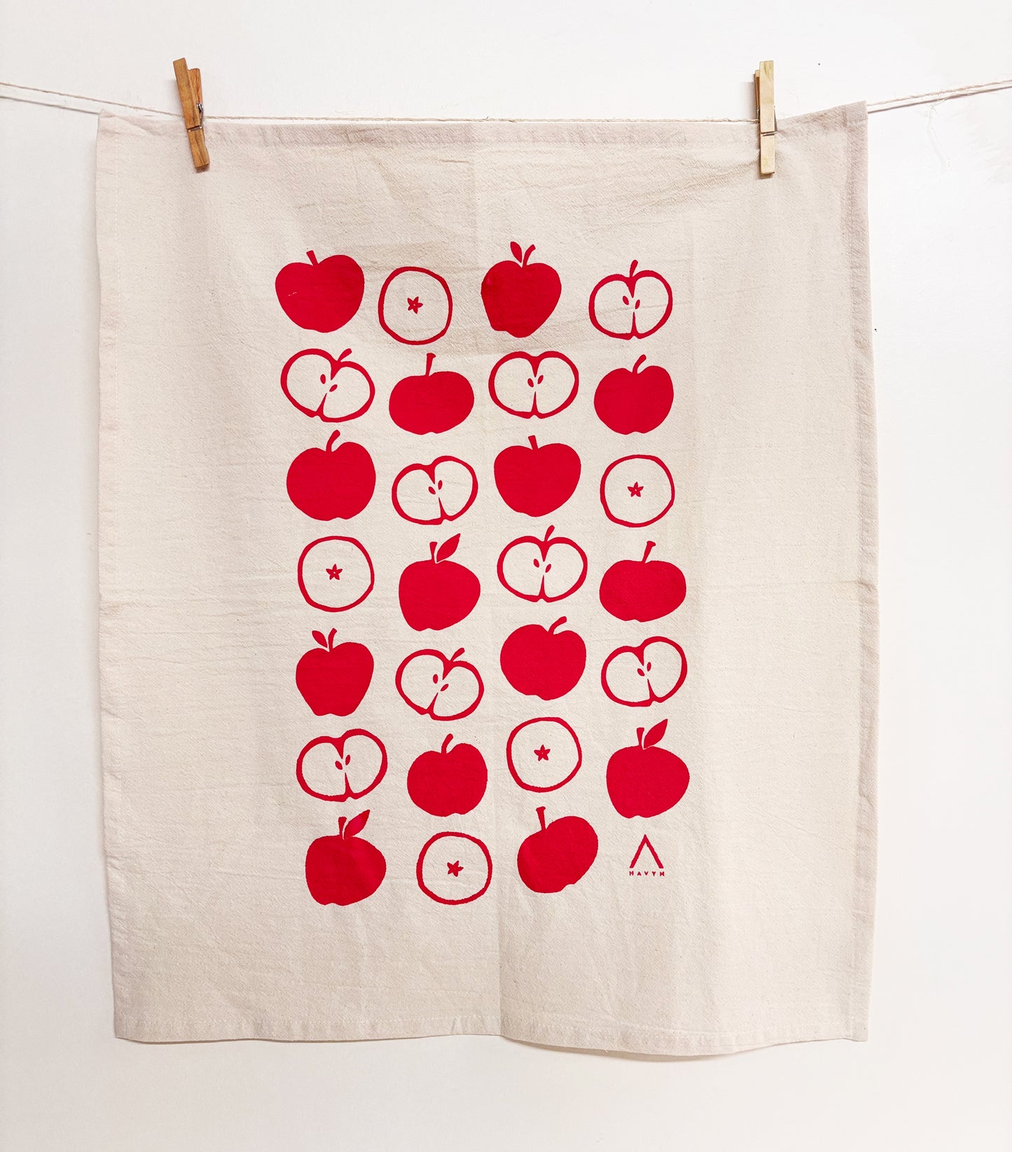 Apples Red Hand Printed Organic Tea Towel