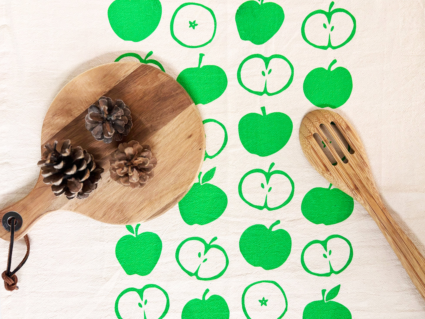 Apples Green Hand Printed Organic Tea Towel
