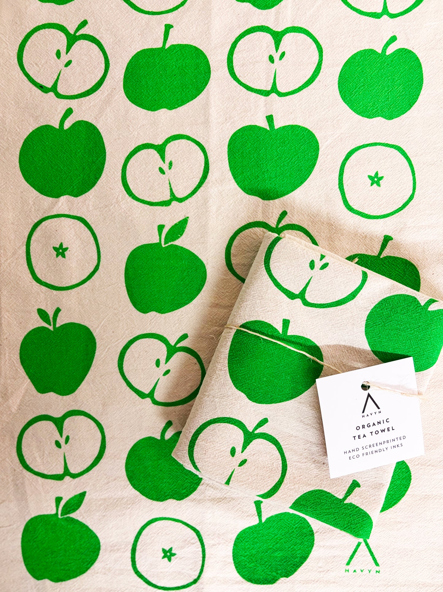 Apples Green Hand Printed Organic Tea Towel