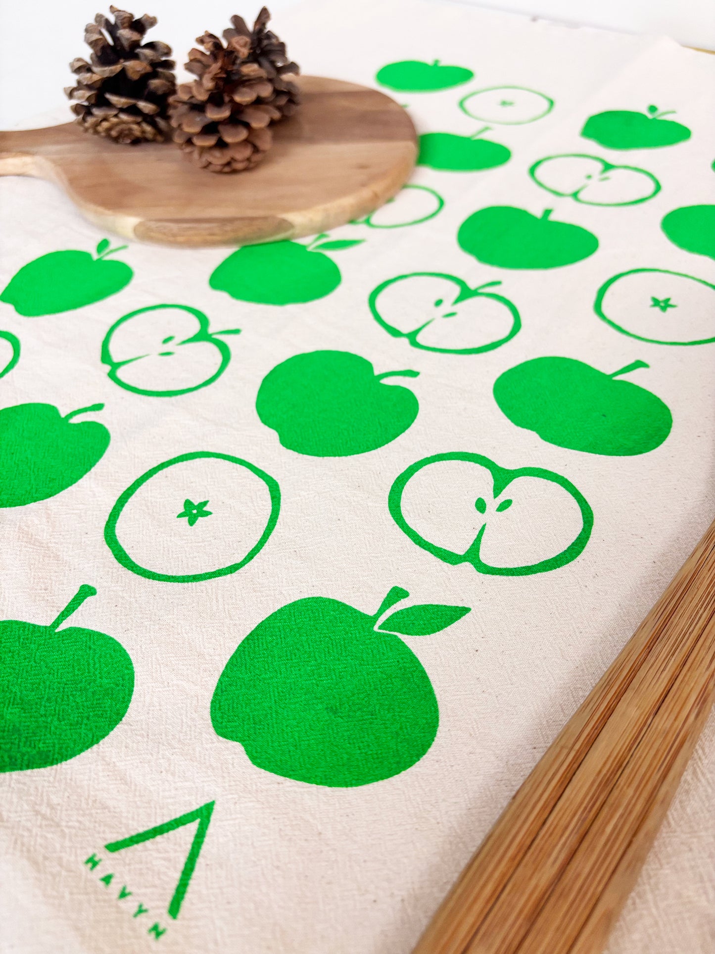 Apples Green Hand Printed Organic Tea Towel
