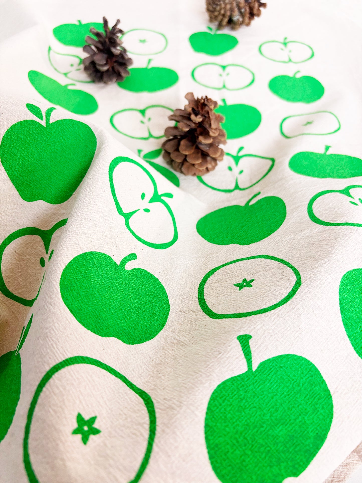 Apples Green Hand Printed Organic Tea Towel