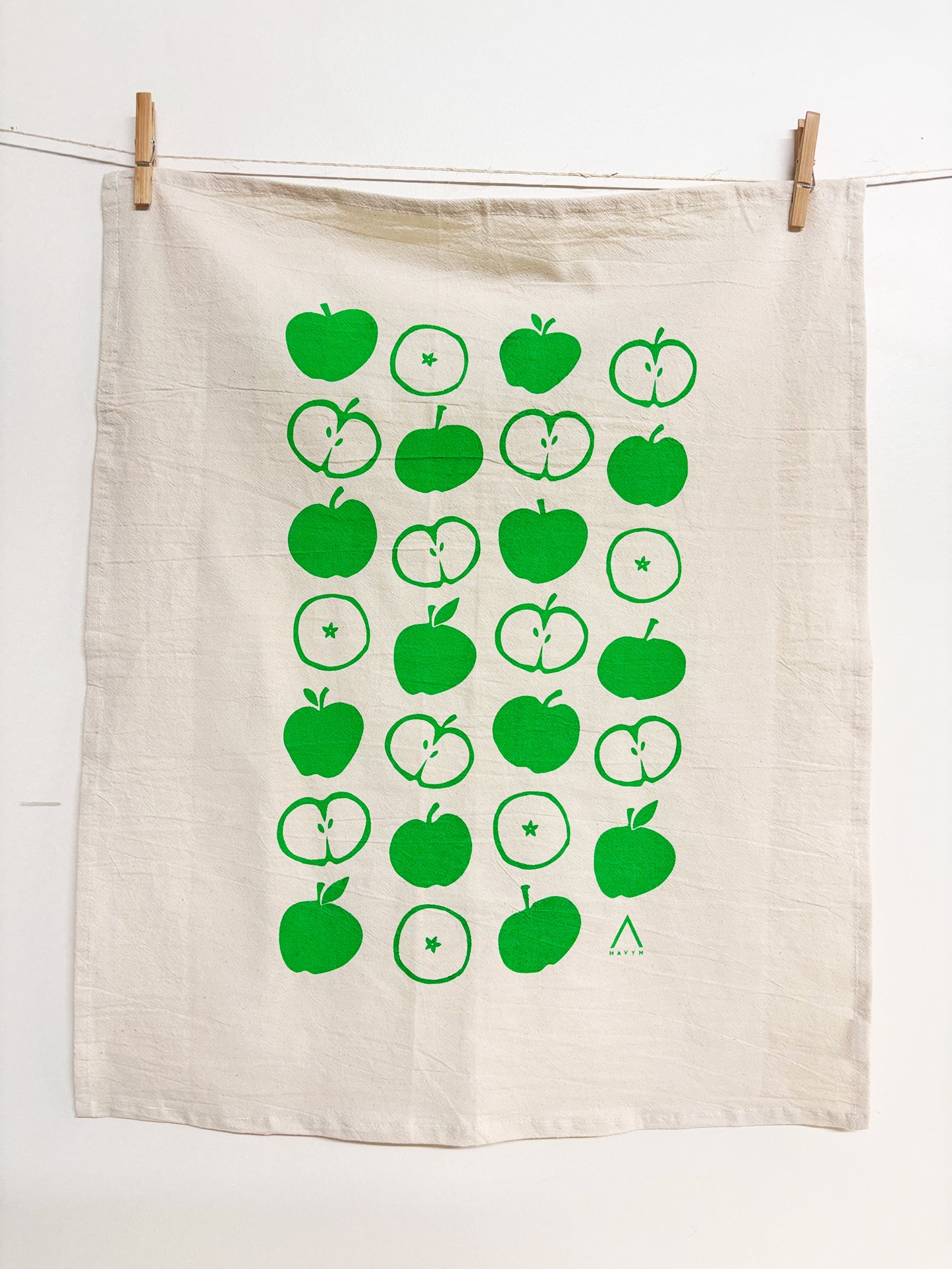 Apples Green Hand Printed Organic Tea Towel