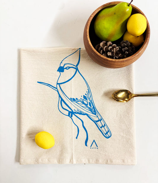 Hand Screen Printed Tea Towel | Organic Cotton Floursack | Blue Jay