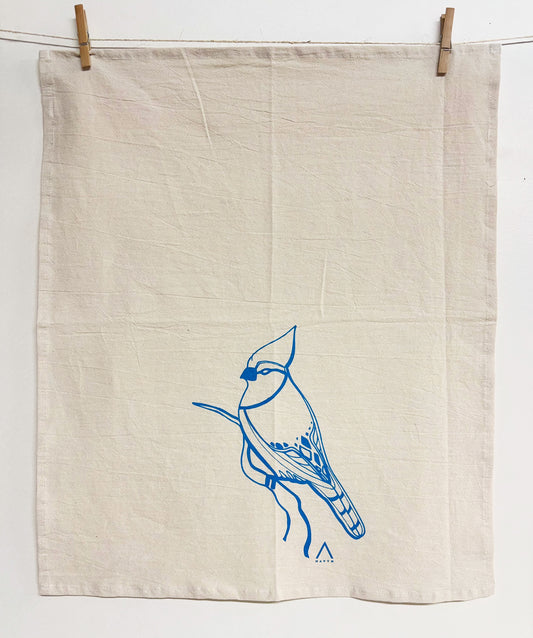 Hand Screen Printed Tea Towel | Organic Cotton Floursack | Blue Jay