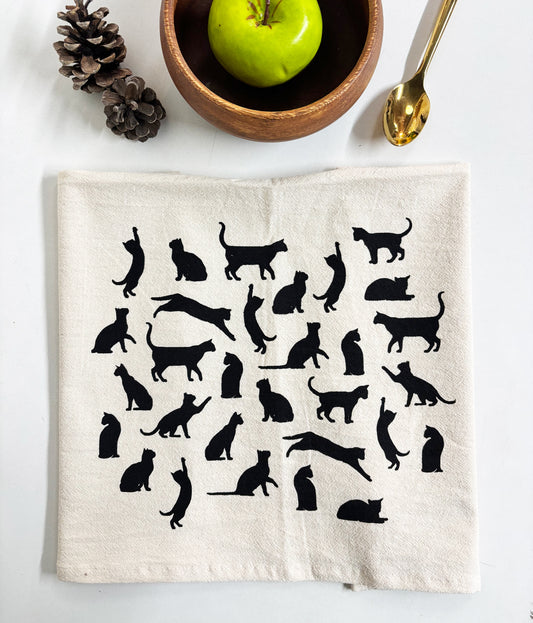 Cats Hand Printed Organic Tea Towel - Black