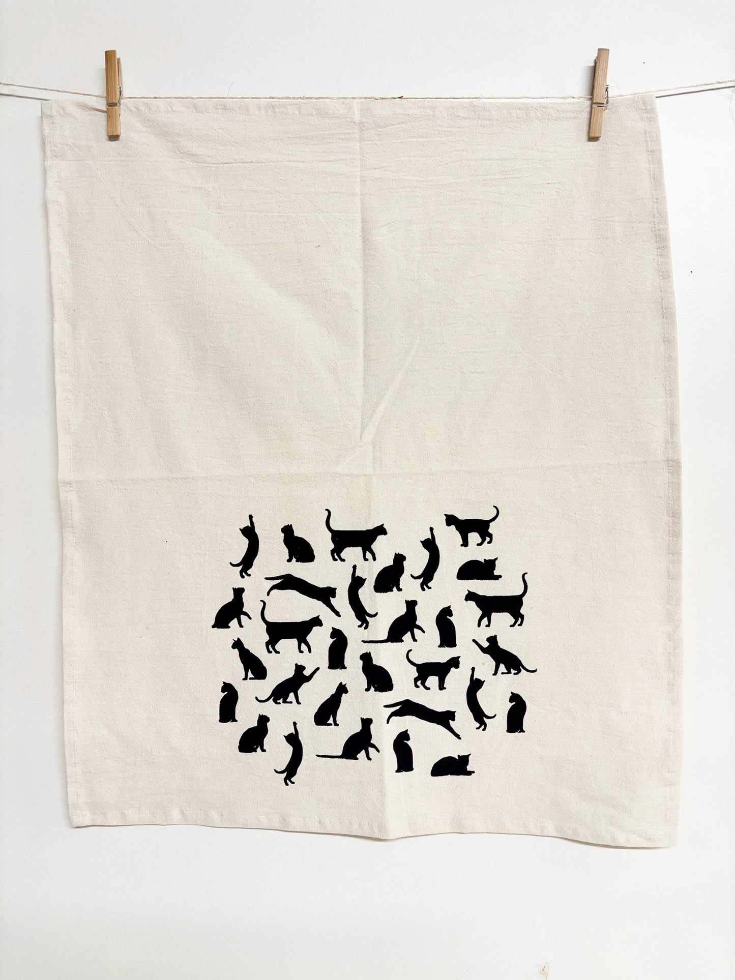Cats Hand Printed Organic Tea Towel - Black