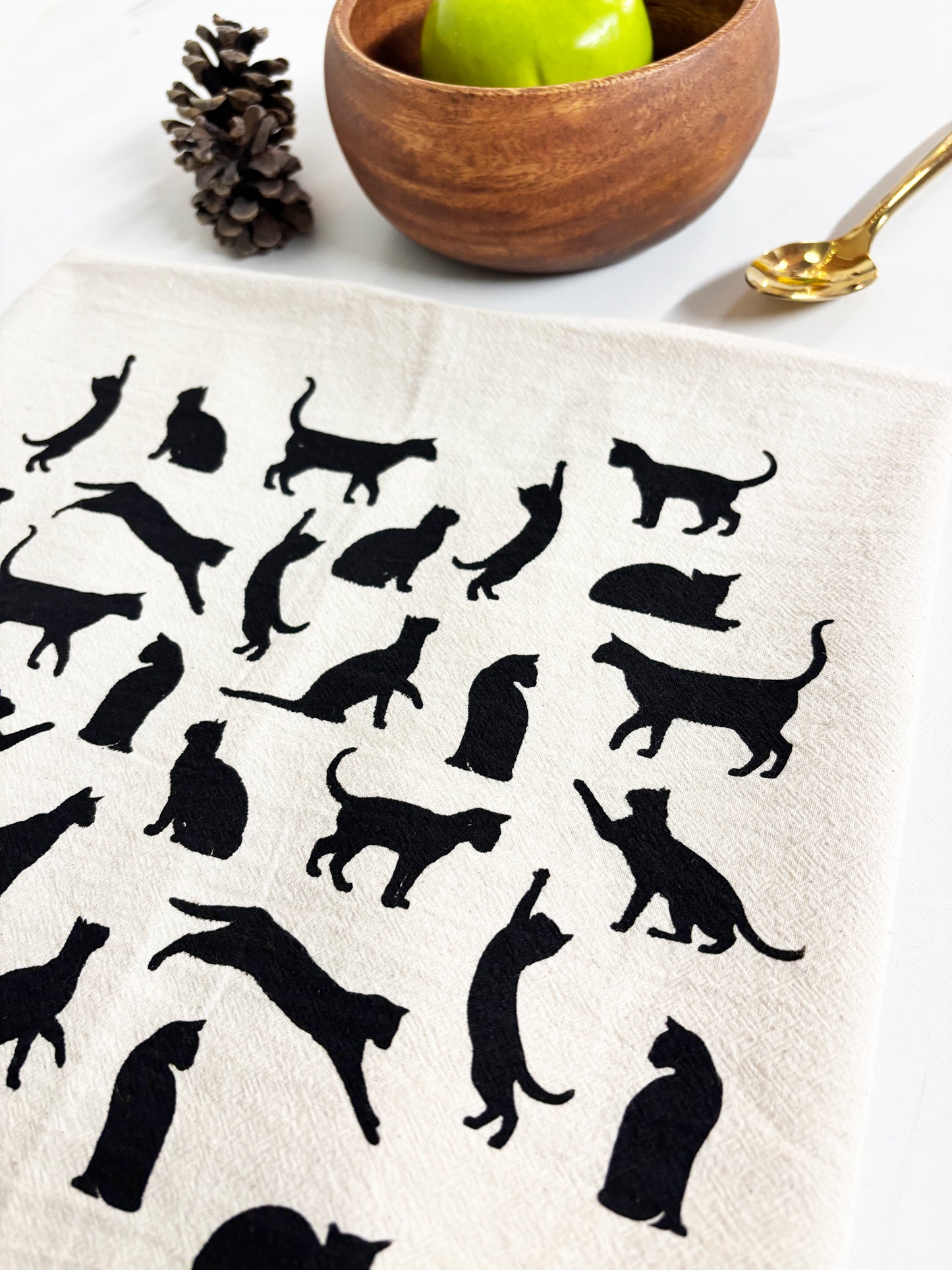 Cats Hand Printed Organic Tea Towel - Black