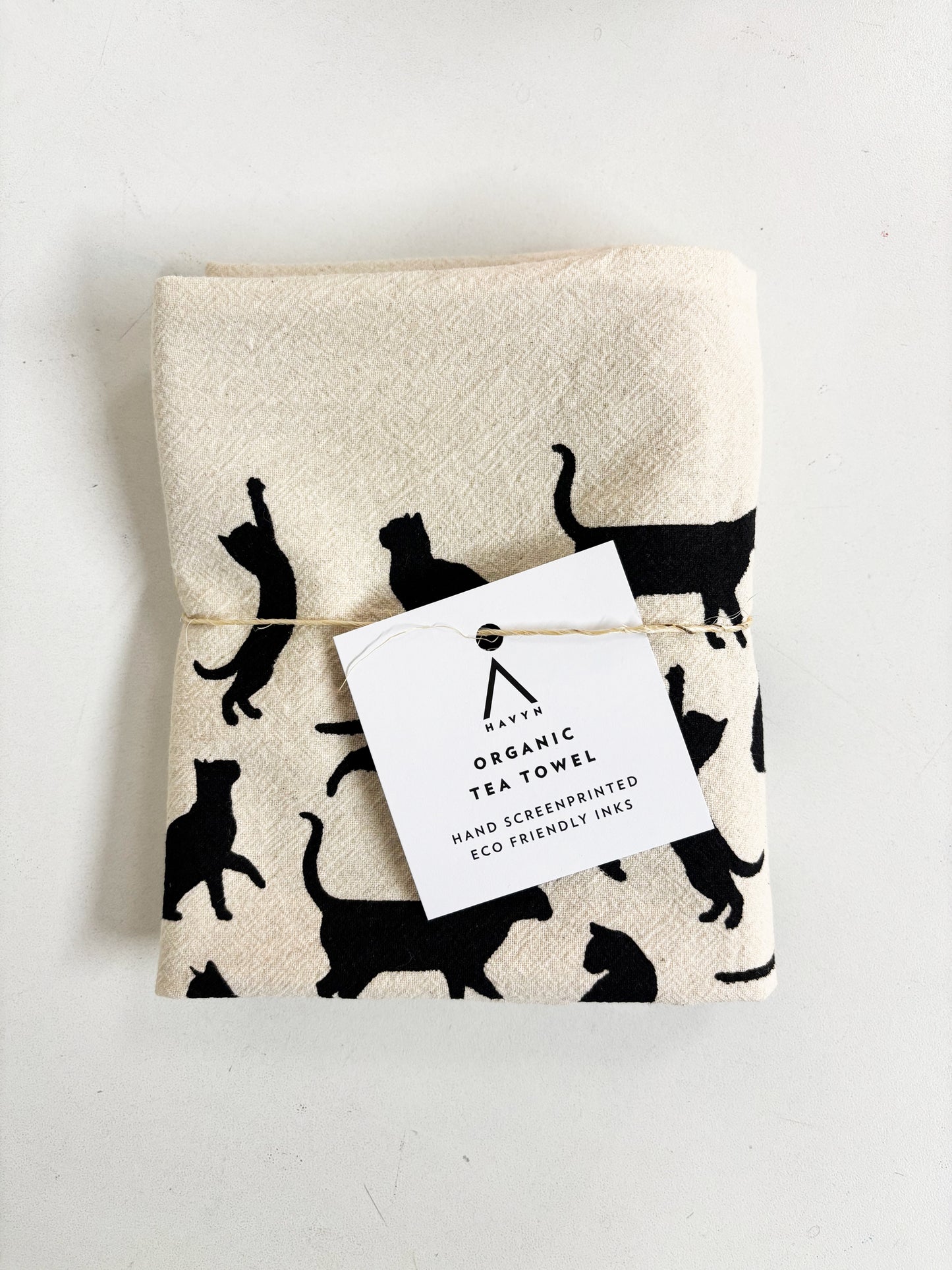 Cats Hand Printed Organic Tea Towel - Black