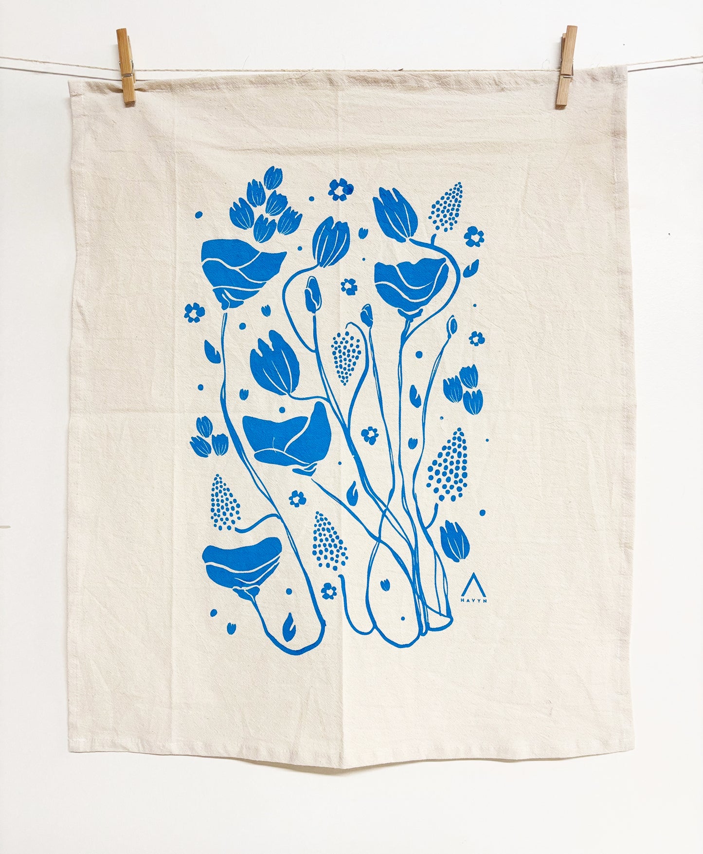 Organic Tea Towel | Blue Mack Flowers | Hand Printed