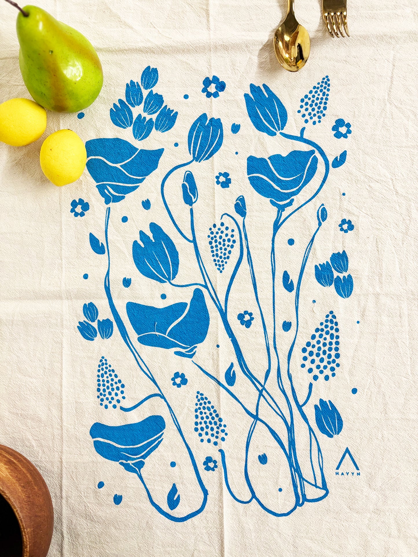 Organic Tea Towel | Blue Mack Flowers | Hand Printed