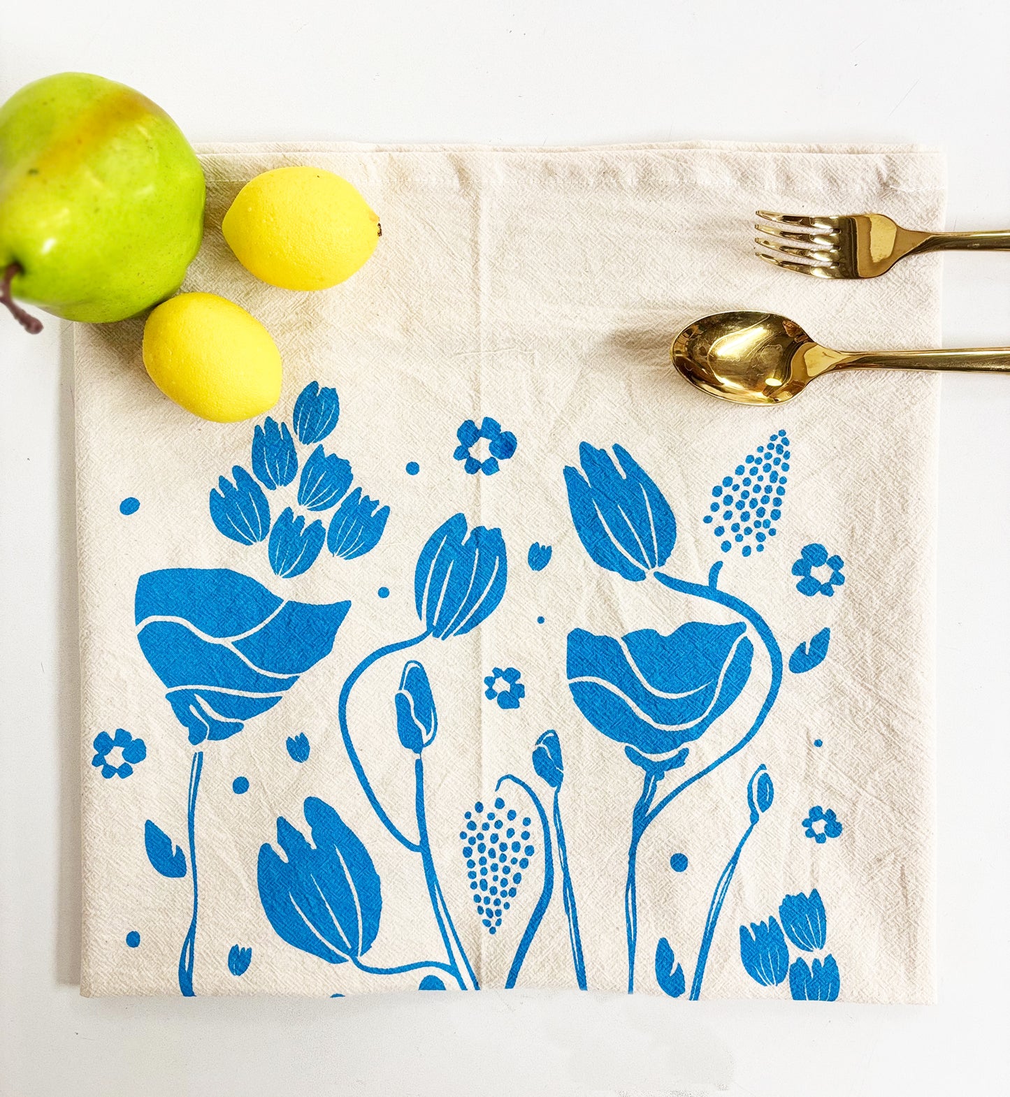 Organic Tea Towel | Blue Mack Flowers | Hand Printed