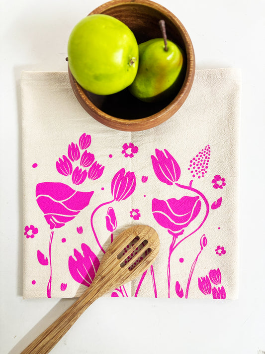 Organic Tea Towel | Pink Mack Flowers | Hand Printed