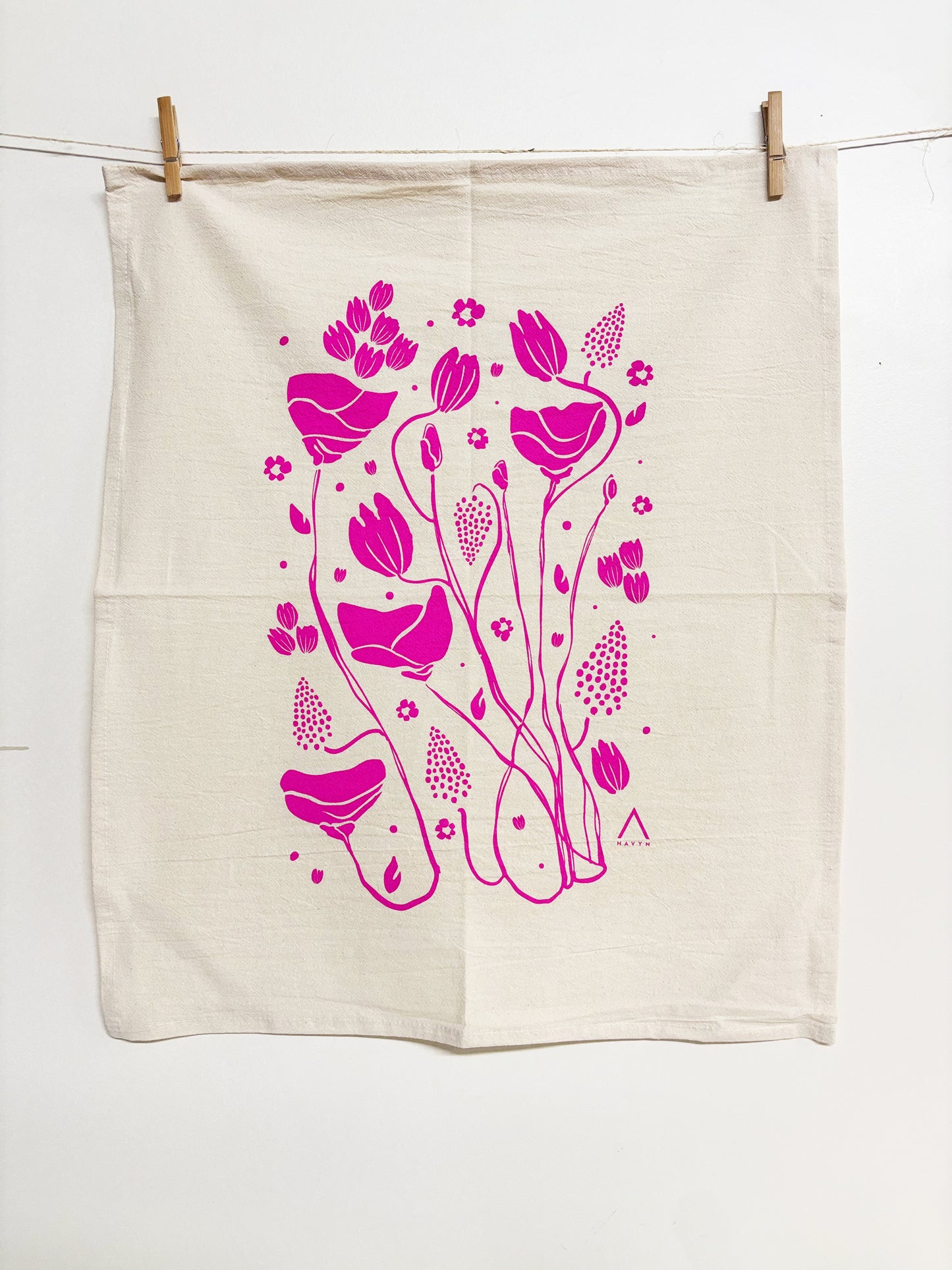Organic Tea Towel | Pink Mack Flowers | Hand Printed